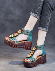 Handmade Retro Leather Flower Platform Sandals