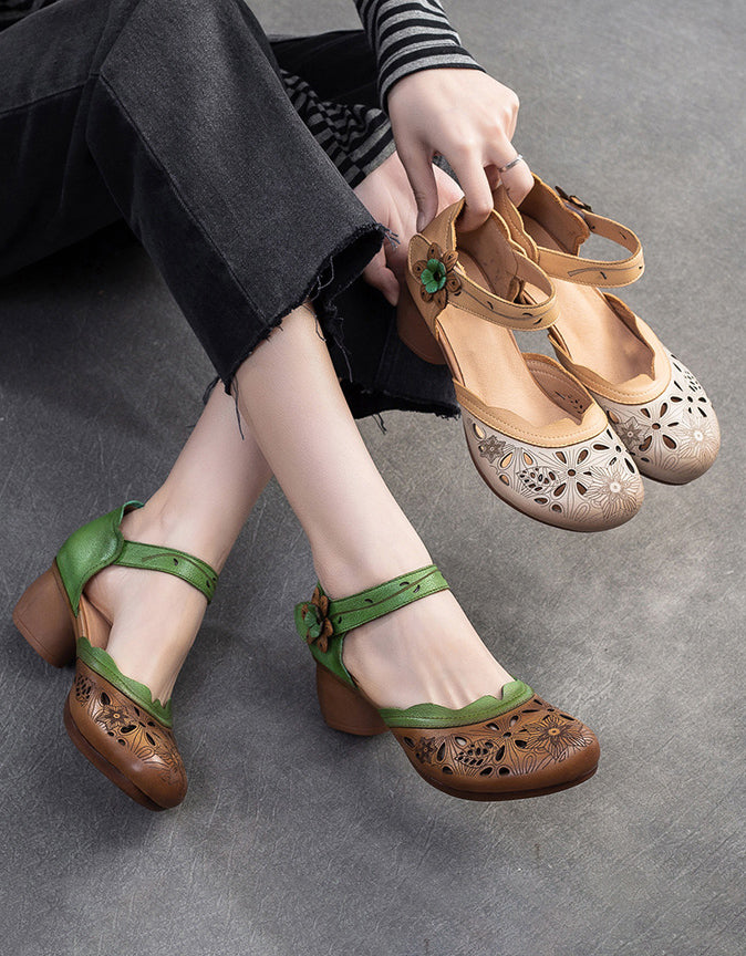 Leather Hand-Carved Flowers Hollow Chunky Heel Sandals