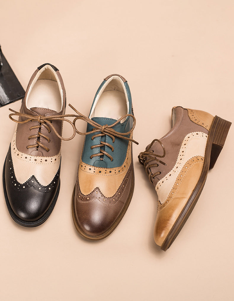 Real Leather Three Tone Lace-up Brogue Oxford Shoes Women