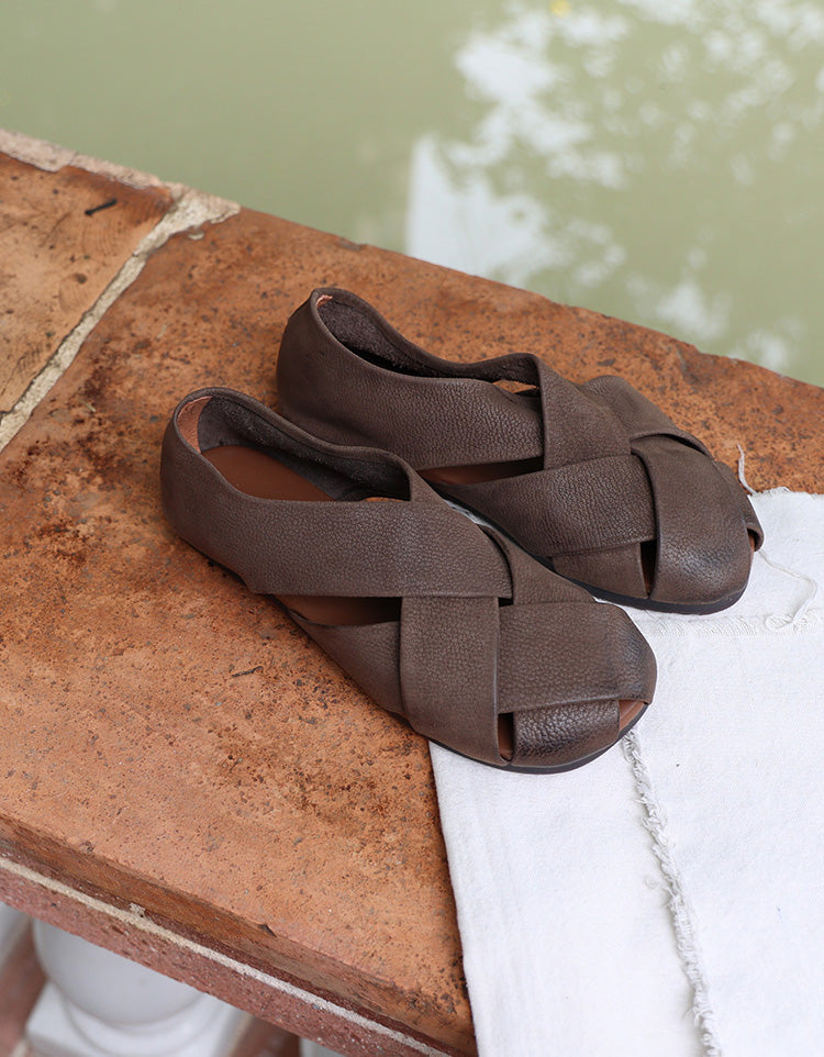 Handmade Retro Leather Cross Straps Flat Sandals