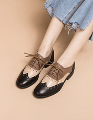 Real Leather Three Tone Lace-up Brogue Oxford Shoes Women