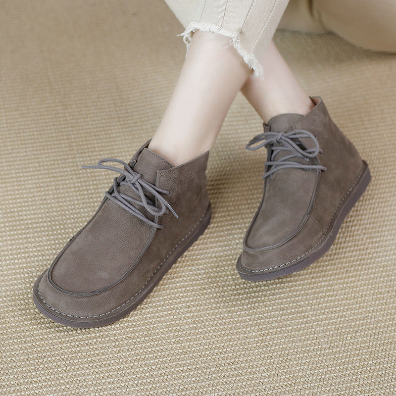 Genuine Soft Flat Boots Round Toe Lace Up Mori Girl Style Wide Fit Grey/Coffee