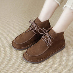 Genuine Soft Flat Boots Round Toe Lace Up Mori Girl Style Wide Fit Grey/Coffee