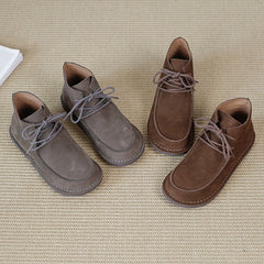 Genuine Soft Flat Boots Round Toe Lace Up Mori Girl Style Wide Fit Grey/Coffee