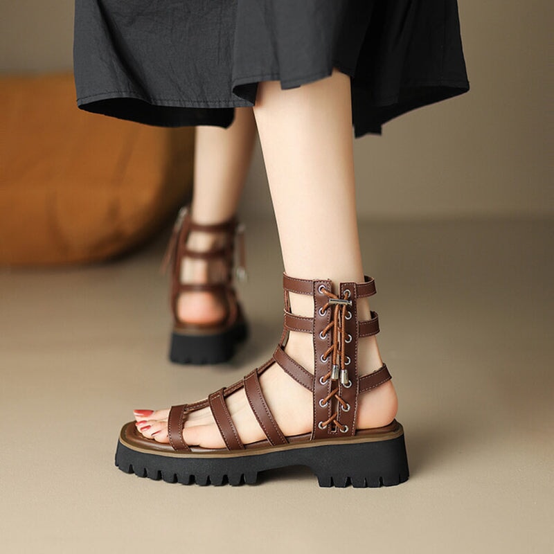 Gladiator Sandals Cow Platform Shoes Drawstring Side Zipper Closure Summer Ladies Shoes