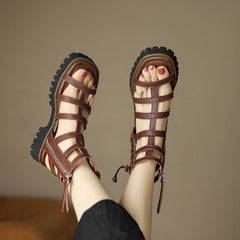 Gladiator Sandals Cow Platform Shoes Drawstring Side Zipper Closure Summer Ladies Shoes