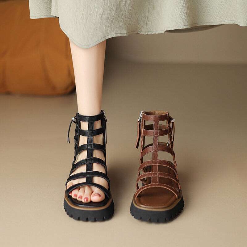 Gladiator Sandals Cow Platform Shoes Drawstring Side Zipper Closure Summer Ladies Shoes