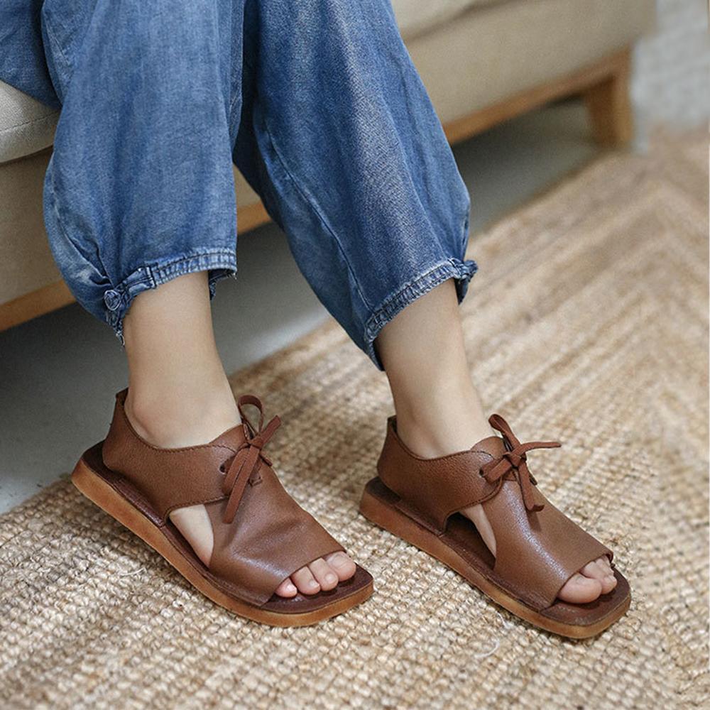 Designer Summer Shoes  Genuine Sandals Square Toe Retro Flats Coffee/Brown