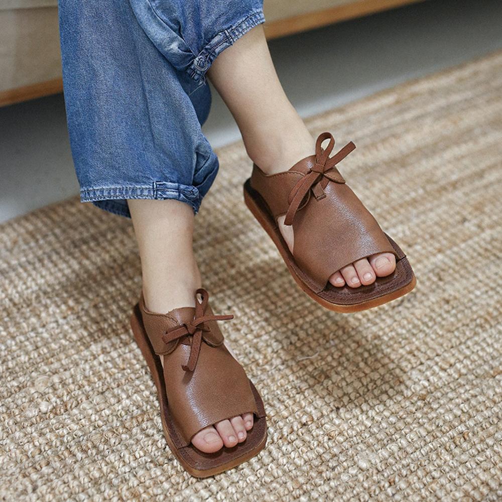 Designer Summer Shoes  Genuine Sandals Square Toe Retro Flats Coffee/Brown