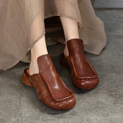 Genuine Block Heel Slippers Round Toe Mules