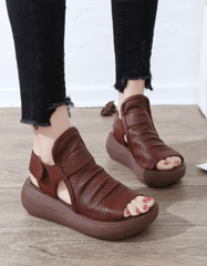 Retro Leather Summer Wedge Heel Sandals