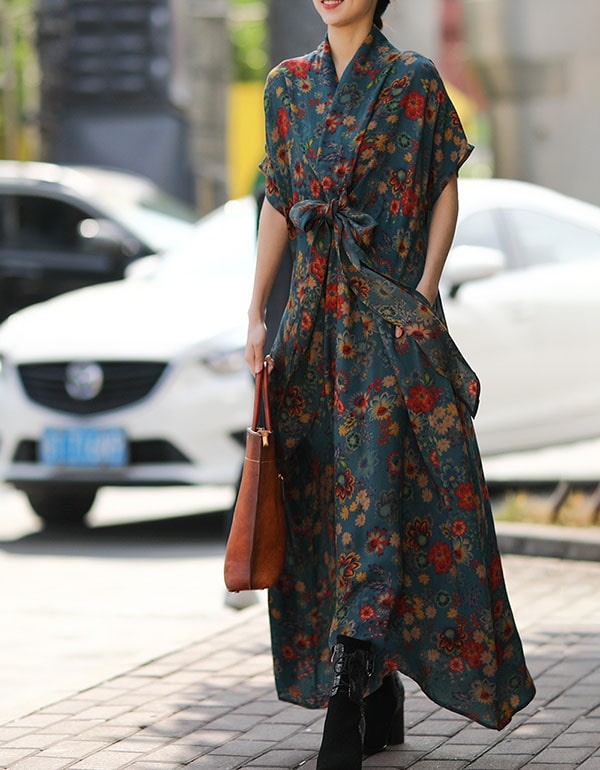 Oversized Loose Silk Printed Floral Maxi Dress