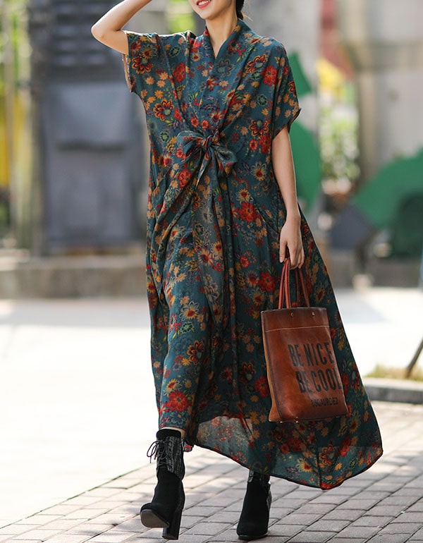 Oversized Loose Silk Printed Floral Maxi Dress