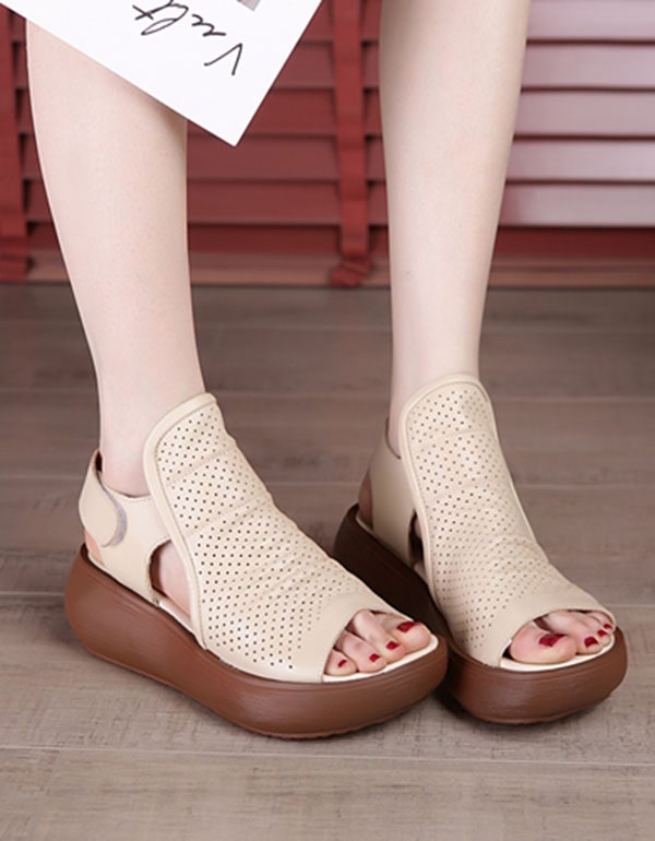 Retro Leather Summer Wedge Heel Sandals